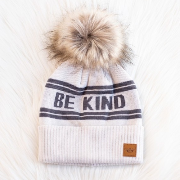 SOLD OUT Taupe Gray Knit Be Kind Faux Vegan Fur Pompom Winter Women's Beanie - Picture 4 of 4